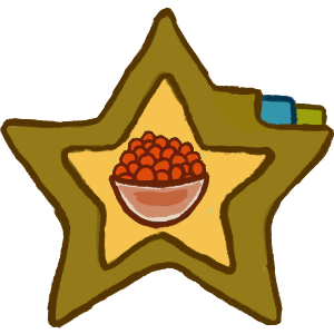 A yellow star with a sort of dark yellow-green outside with a tab of the same color on the right to the left of a blue one to the left of a green one. In the center of the star is a clear bowl overfilled with red circular objects.